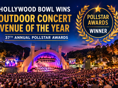 Hollywood Bowl outdoor concert venue at night with stage and audience