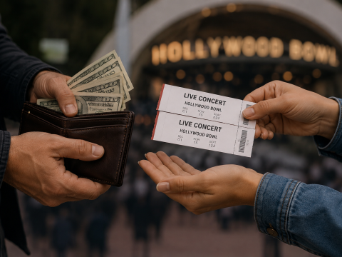 Illustration of concert tickets being exchanged for cash under California ticket resale law proposal