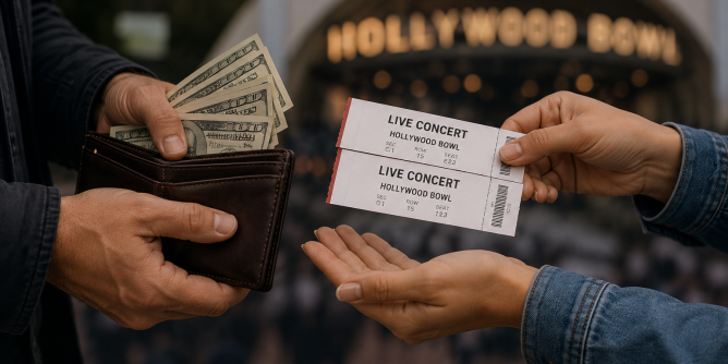 Illustration of concert tickets being exchanged for cash under California ticket resale law proposal
