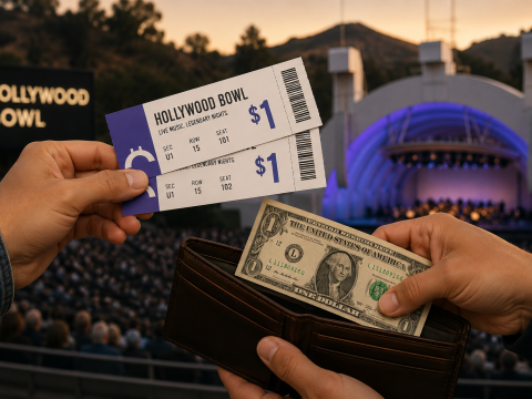 Illustration of $1 Hollywood Bowl concert tickets with cash and wallet exchange