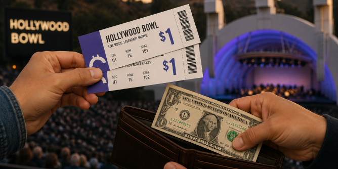 Illustration of $1 Hollywood Bowl concert tickets with cash and wallet exchange