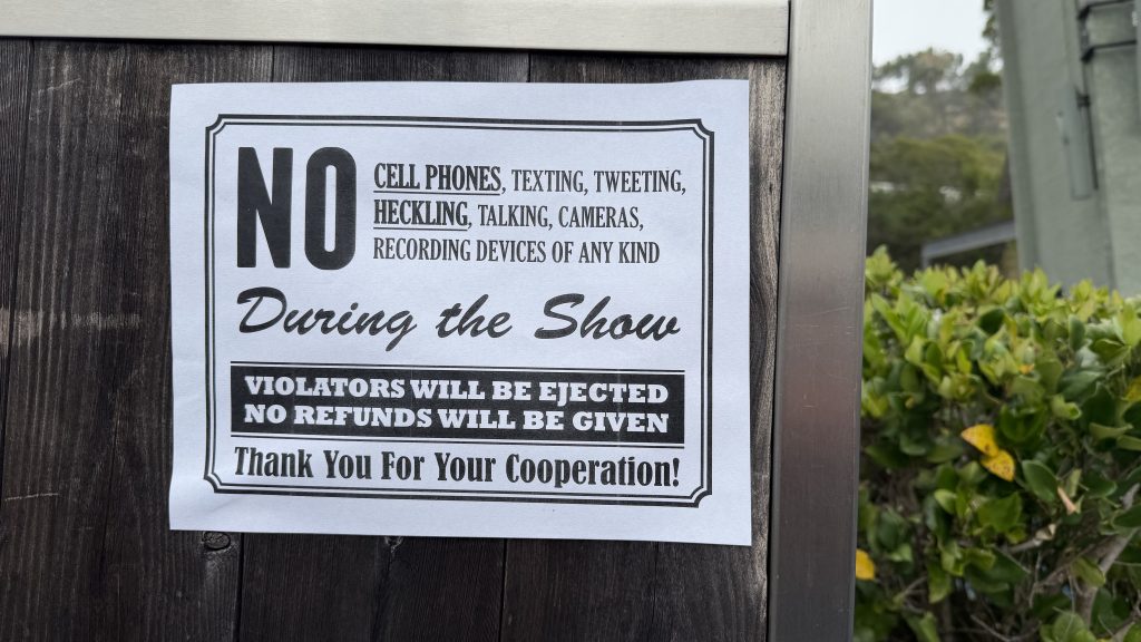Hollywood Bowl comedy show sign warning against phones, texting, and recording during performances