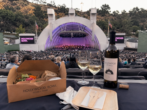 Picnic dinner and wine setup at the Hollywood Bowl before a concert