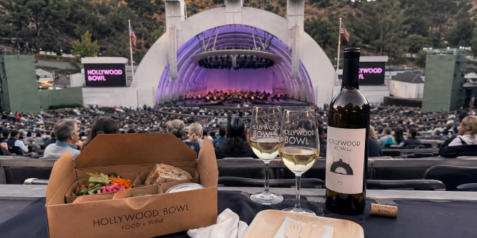 Picnic dinner and wine setup at the Hollywood Bowl before a concert