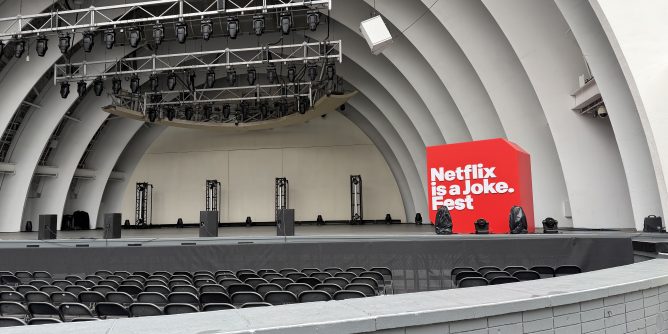 Netflix Is a Joke Fest stage setup at the Hollywood Bowl before a comedy performance