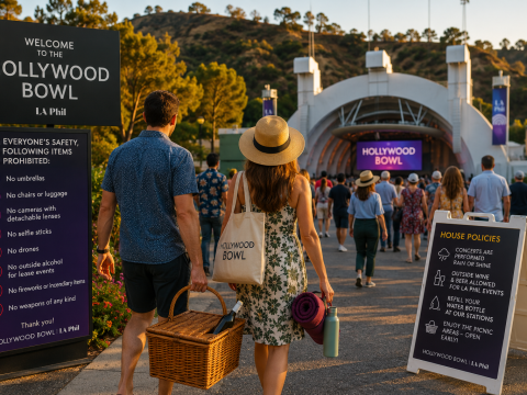 Concertgoers arriving at the Hollywood Bowl with picnic baskets and drinks during the start of the summer concert season