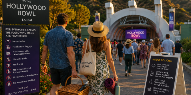 Concertgoers arriving at the Hollywood Bowl with picnic baskets and drinks during the start of the summer concert season