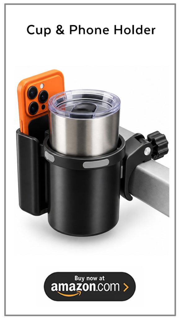 Clamp-on cup and phone holder with a drink and iPhone
